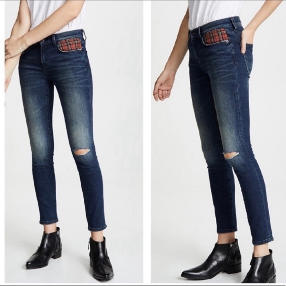 Current Elliot Stiletto Plaid Pocket blue navy red pants denim Jean 29